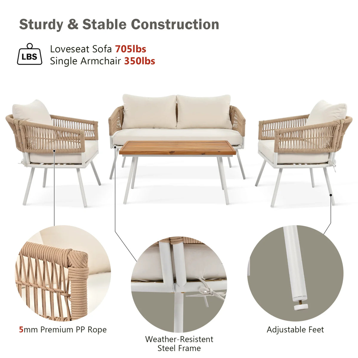 4-Piece Rope Patio Furniture Set with Ajustable Feet, Boho Rope Outdoor Conversation Set with Wood Table, Sofa Seating Set with Thick Cushion for Backyard Lawn Garden, Beige