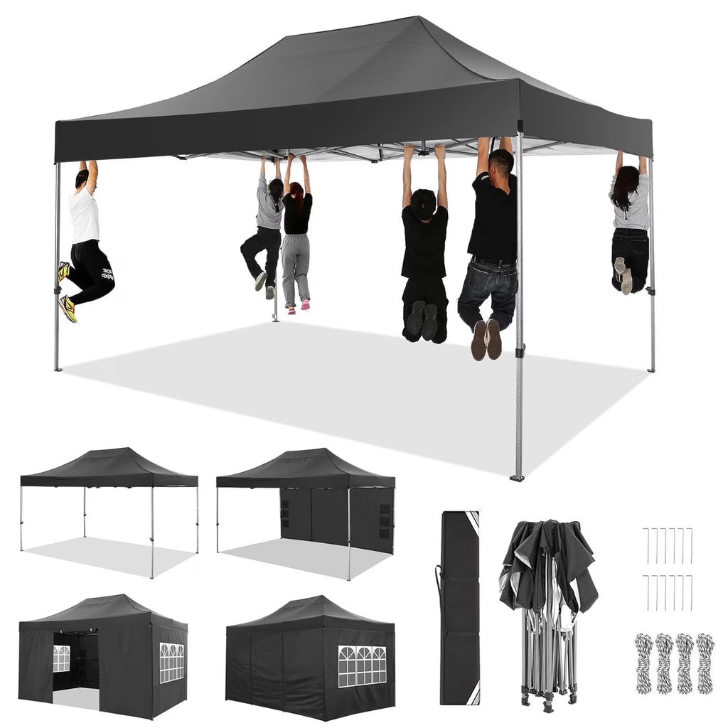 COBIZI 10x20 Heavy Duty Pop up Canopy Tent with 6 sidewalls Easy Up Commercial Outdoor Canopy Wedding Party Tent for Beach All Season Wind & Waterproof Gazebo with Roller Bag,Black(Frame Thickened)
