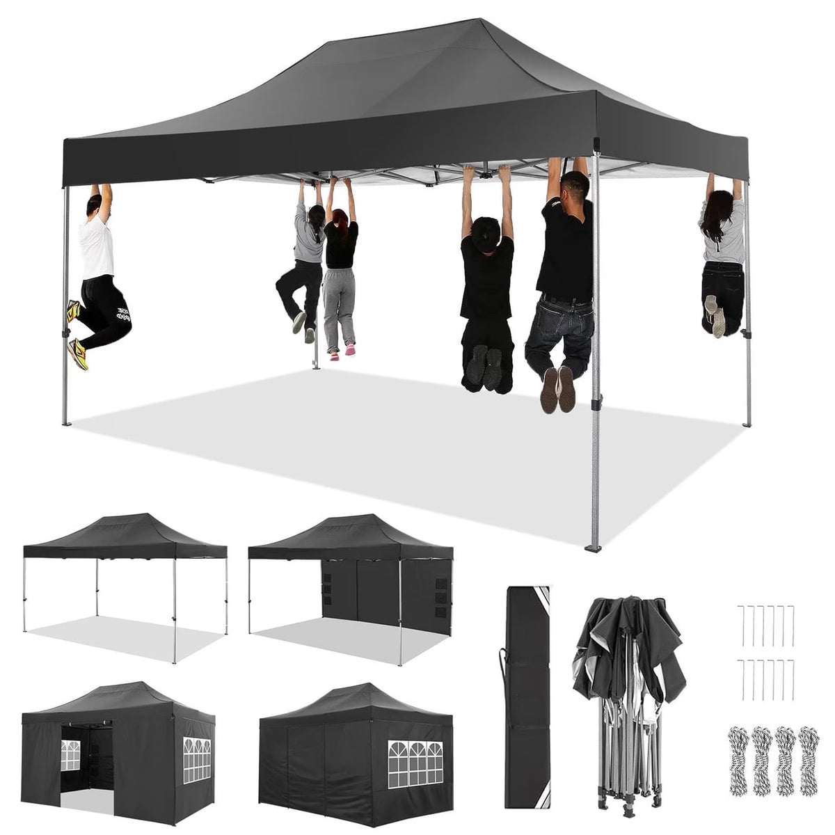 COBIZI 10x20 Heavy Duty Pop up Canopy Tent with 6 sidewalls Easy Up Commercial Outdoor Canopy Wedding Party Tent for Beach All Season Wind & Waterproof Gazebo with Roller Bag,Black(Frame Thickened)