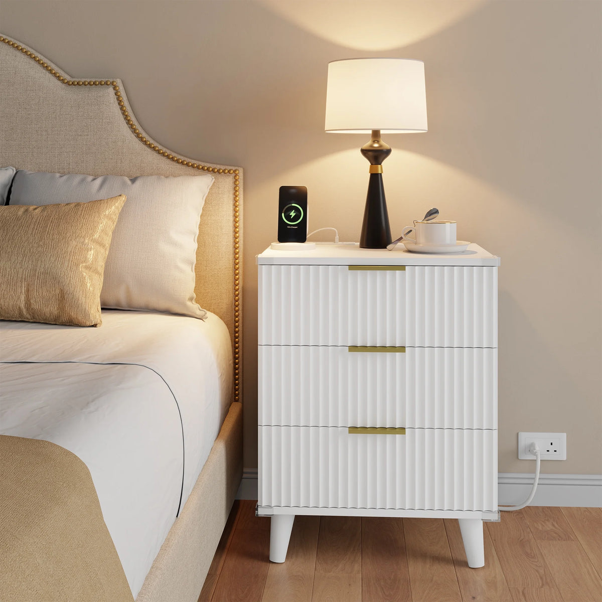 GIKPAL Night Stands for Bedroom, Modern Bedside Table with 3 Drawers & Charging Station,Fluted Panel End Tables for Bedroom  & Living Room, Natural