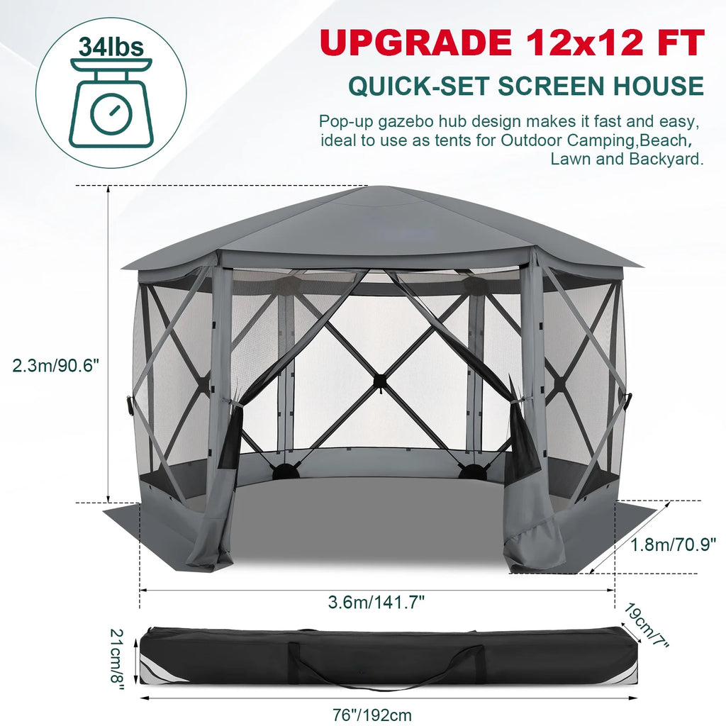 HOTEEL 12x12 Portable Pop-Up Outdoor Camping Gazebo, Screen Tent with Mosquito Nettings, Waterproof, UV, Bite Proof, Removable top Glamping Canopy with Carry Bag, Gray