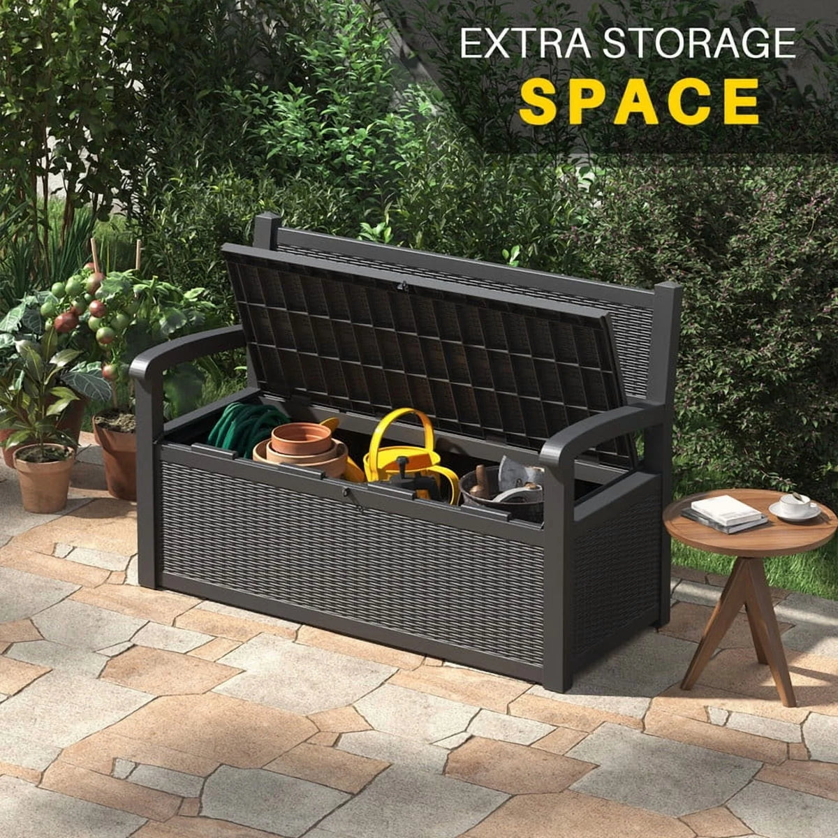Bifanuo 70 Gallon Storage Bench Deck Box for Patio Furniture with Armrest Bench Outdoor Storage Water-Resistant Deck Box for Garden Tools,Pool Storage and Outdoor Cushions,Grey