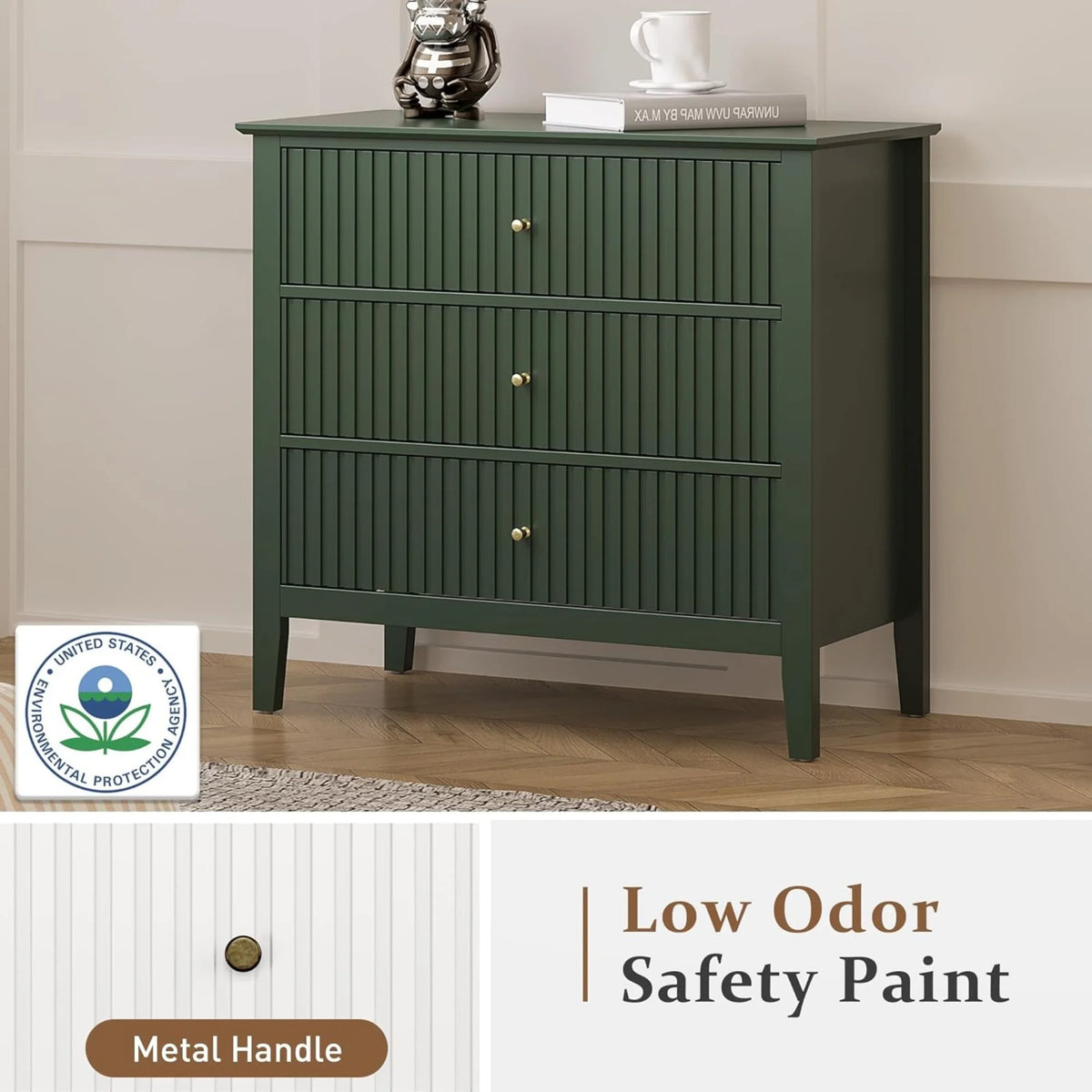 Heynemo Beige 6 Drawer Dresser, Fluted Modern Wood Chest