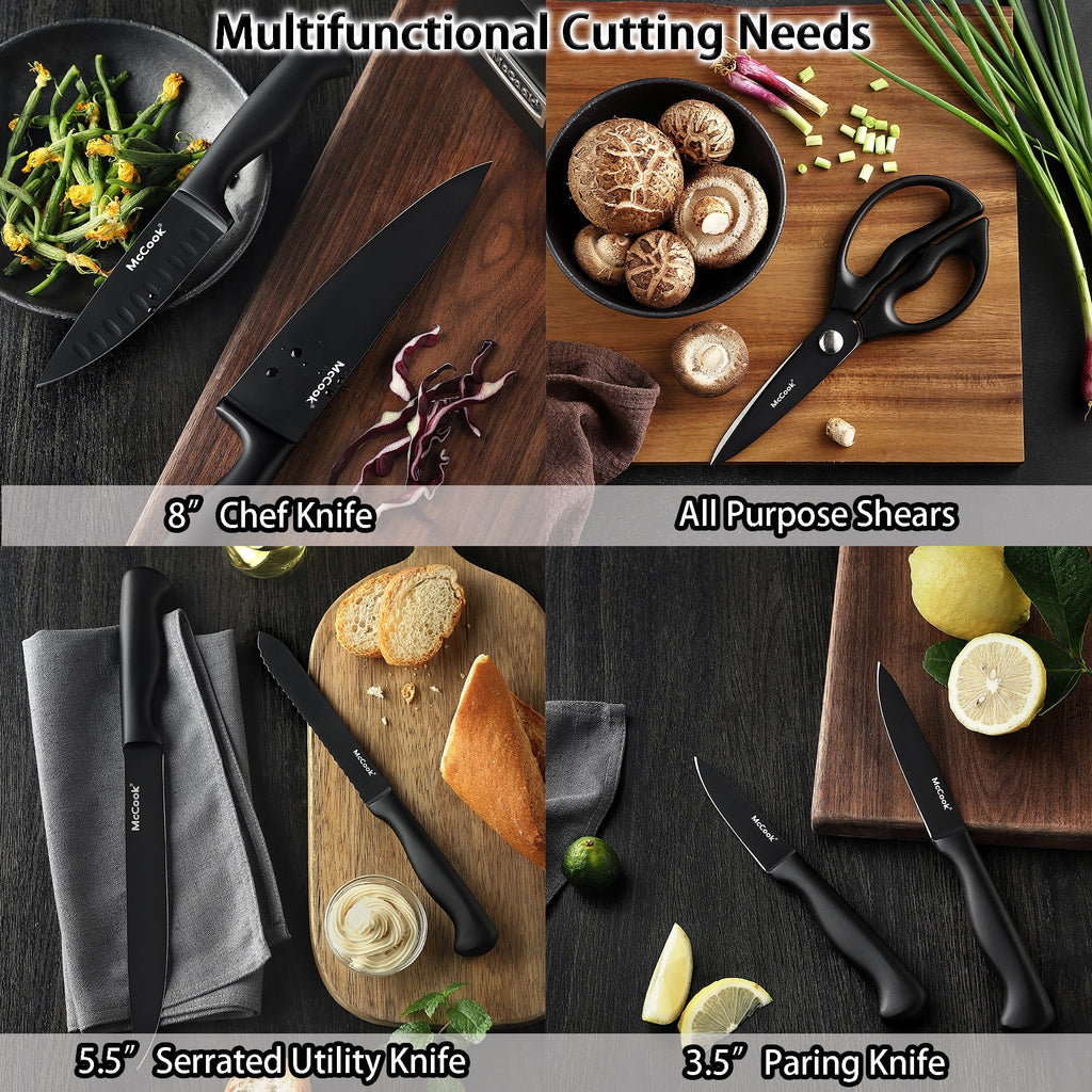 McCook MC29 Knife Sets, 15 Pieces German Stainless Steel Kitchen Knife Block Sets with Built-in Sharpener