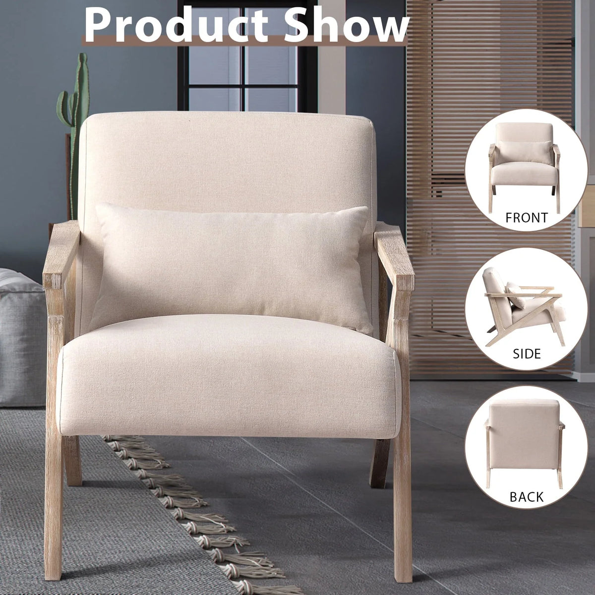 Bonzy Home Mid Century Accent Chair, Single Sofa Armchair for Living Room, Bedroom, Balcont,Beige