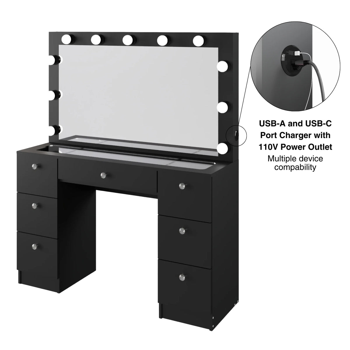 Ember Interiors Ibbie White Makeup Vanity with Glass Top, Lights, Charging Station