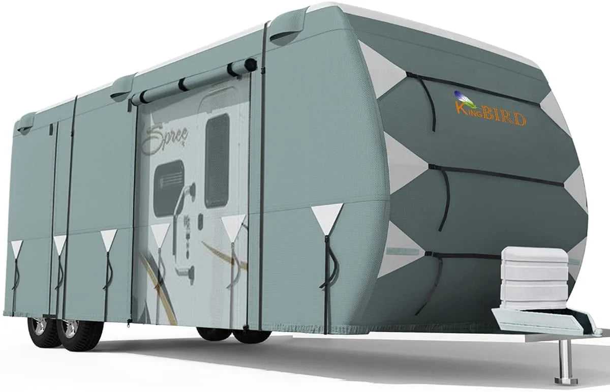 KING BIRD Upgraded Travel Trailer RV Cover, Extra-Thick 5 Layers Anti-UV Top Panel, Deluxe Camper Cover, Fits 27'- 30' RV Cover -Breathable, Water-Repellent, Rip-stop with 2Pcs Straps & 4 Tire Covers