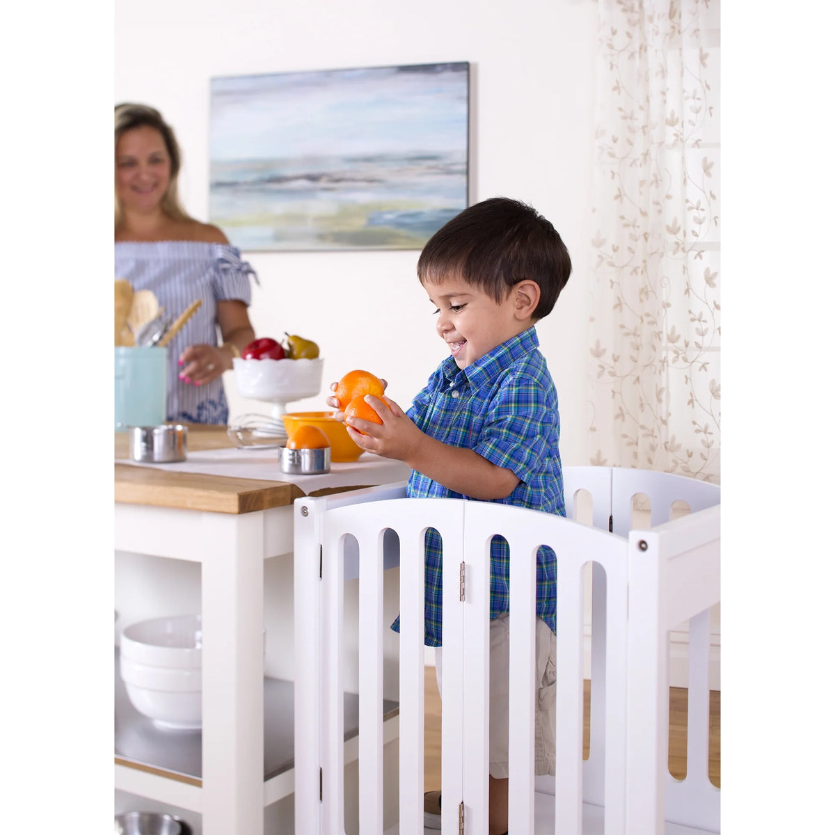 Guidecraft Contemporary Kitchen Helper Step Stool - White: Adjustable, Folding Montessori Toddler Tower - Safety Learning Furniture