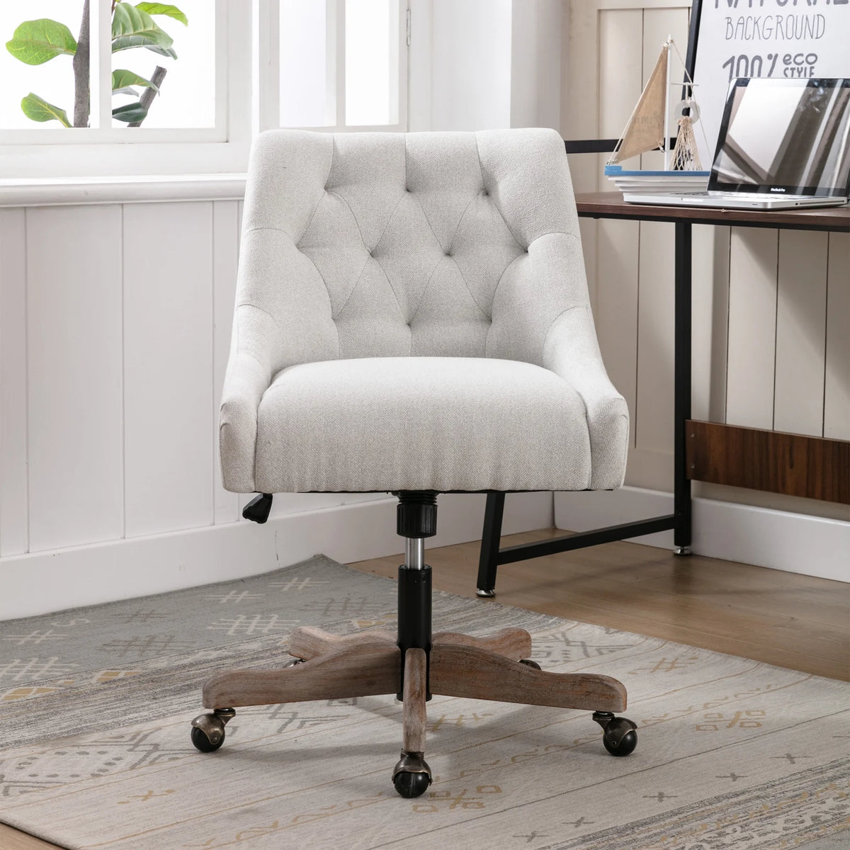 360 Degree Swivel Office Desk Chair, Upholstered Leisure Vanity Chair with Solid Wood Base and Wheels, Adjustable Height Computer Chair for Bedroom Living Room, Brown
