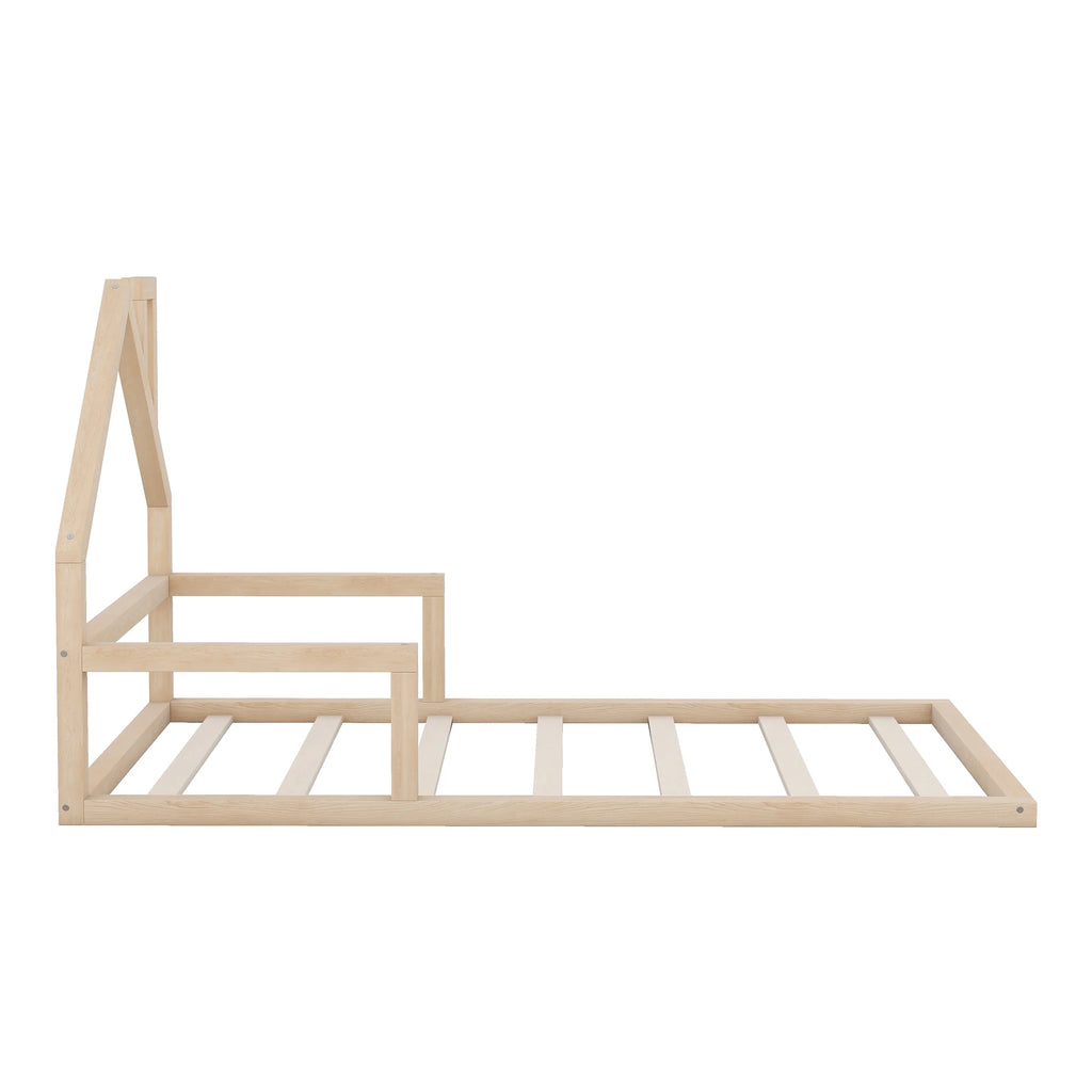 Euroco Twin Size Wood Floor Bed for Kids Room, Toddler House Bed, Natural