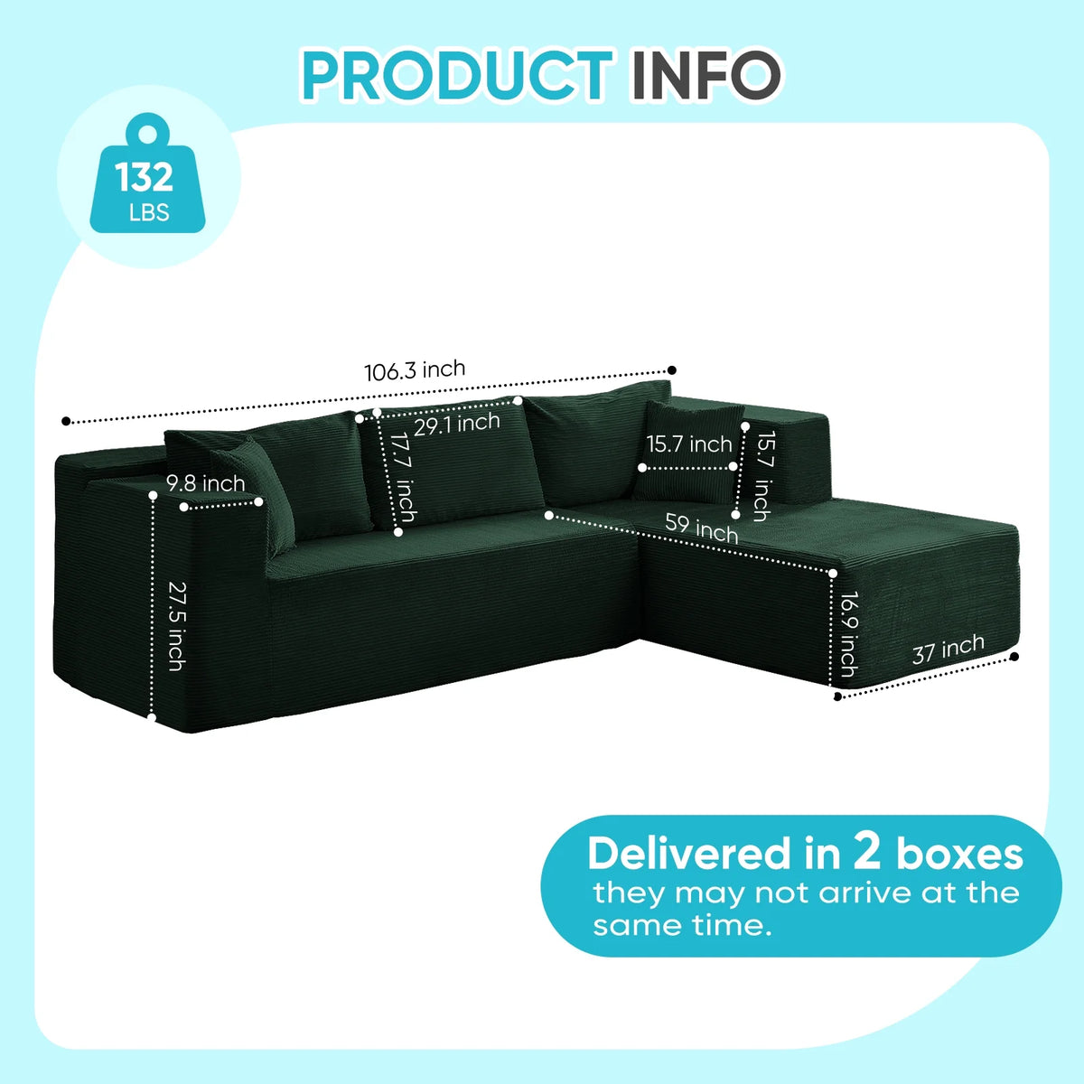 ZAFLY 106" Cloud Sectional Couch with Chaise, No Assembly Required L Shaped Sleeper Sofa, Oversized Deep Seat Modular Couches and Sofas for Living Room - Right, Black