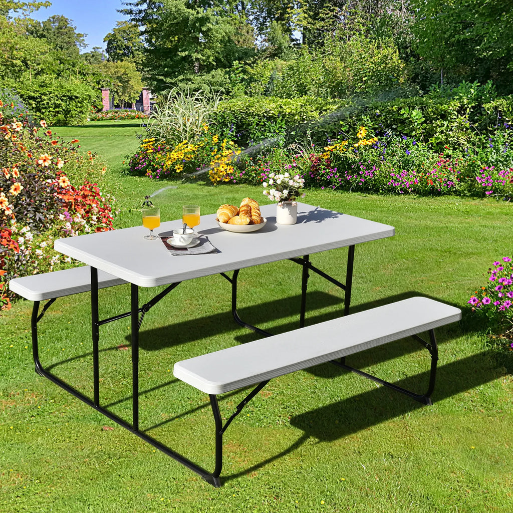 Costway Indoor & Outdoor Folding Picnic Table Bench Set w/ Wood-like Texture Grey