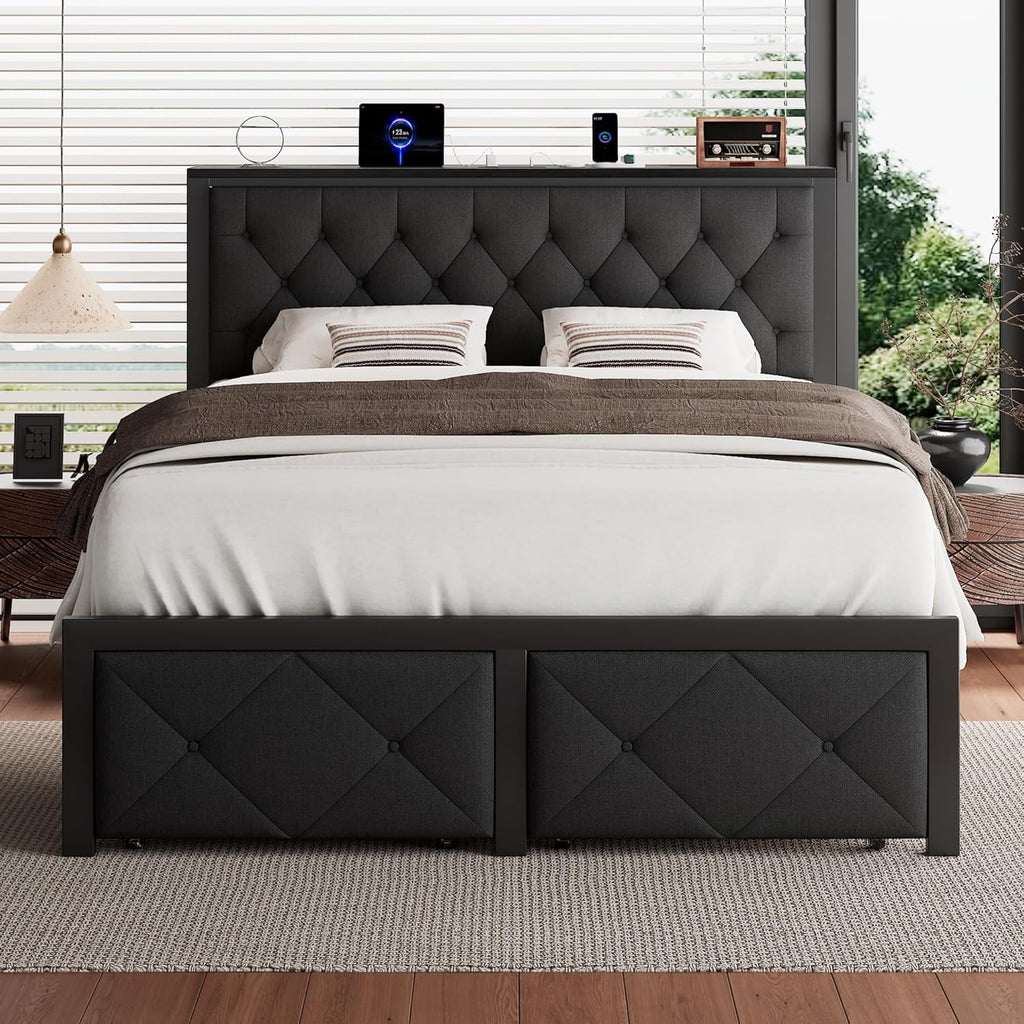 iPormis Full Bed Frame with 2 Drawers, Metal Platform Bed with Charging Station and Linen Fabric Storage Headboard Strong Metal Slats Black,Gray