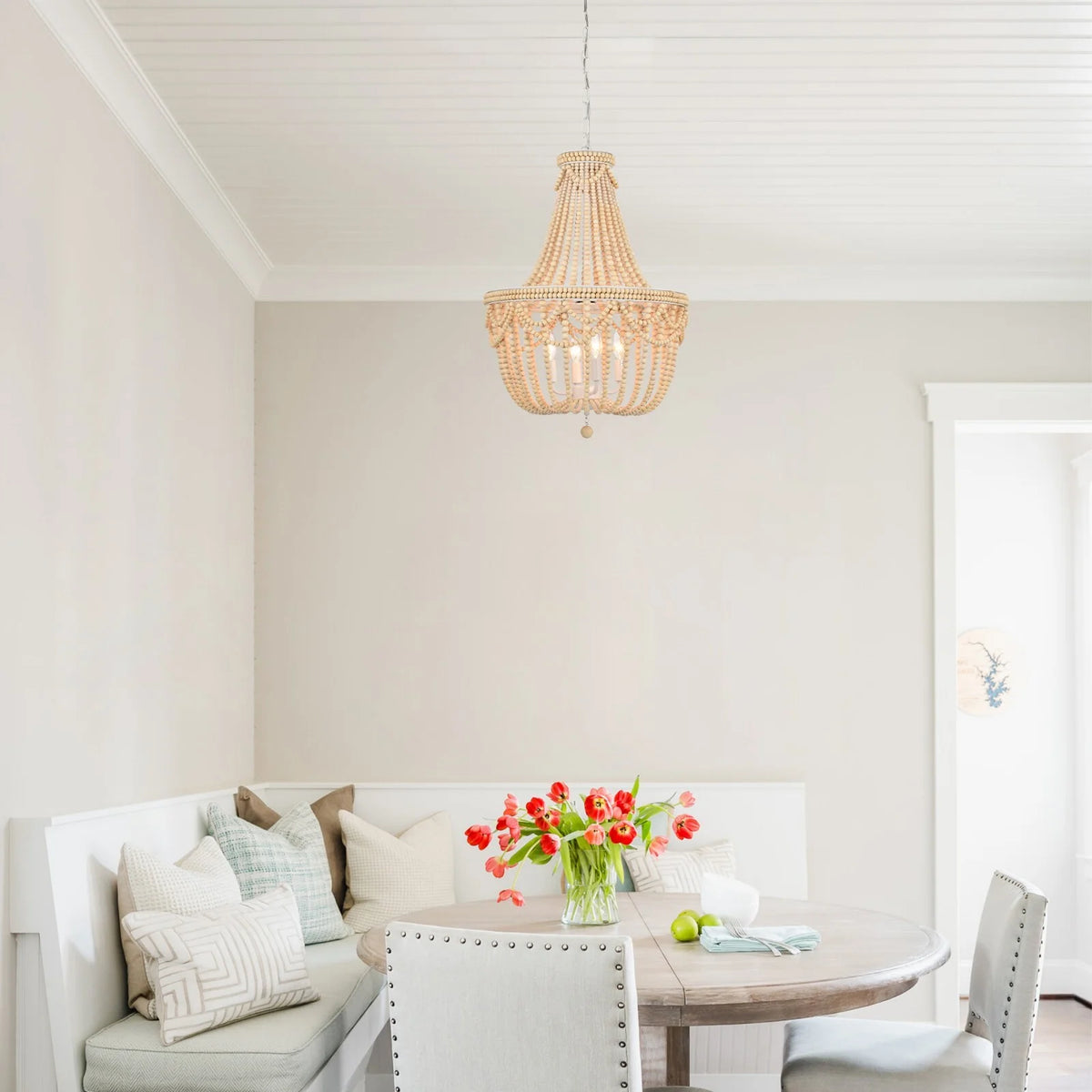 Boho Wood Bead Chandelier 4-Light Rustic Farmhouse Pendant Light for Dining Room or Kitchen Island