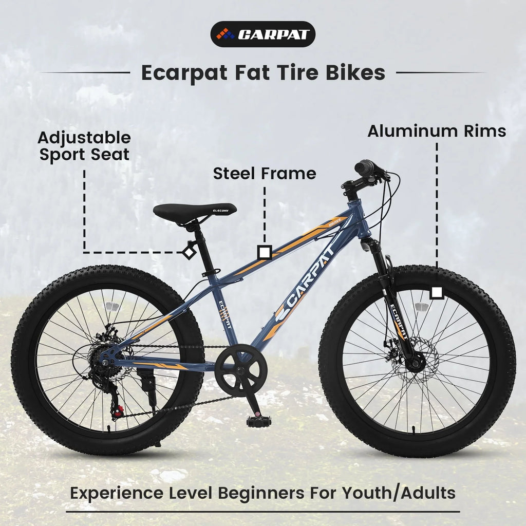 24 inch Mountain Bike with Fat Tires, Kids Bike with Disc Brakes & Suspension