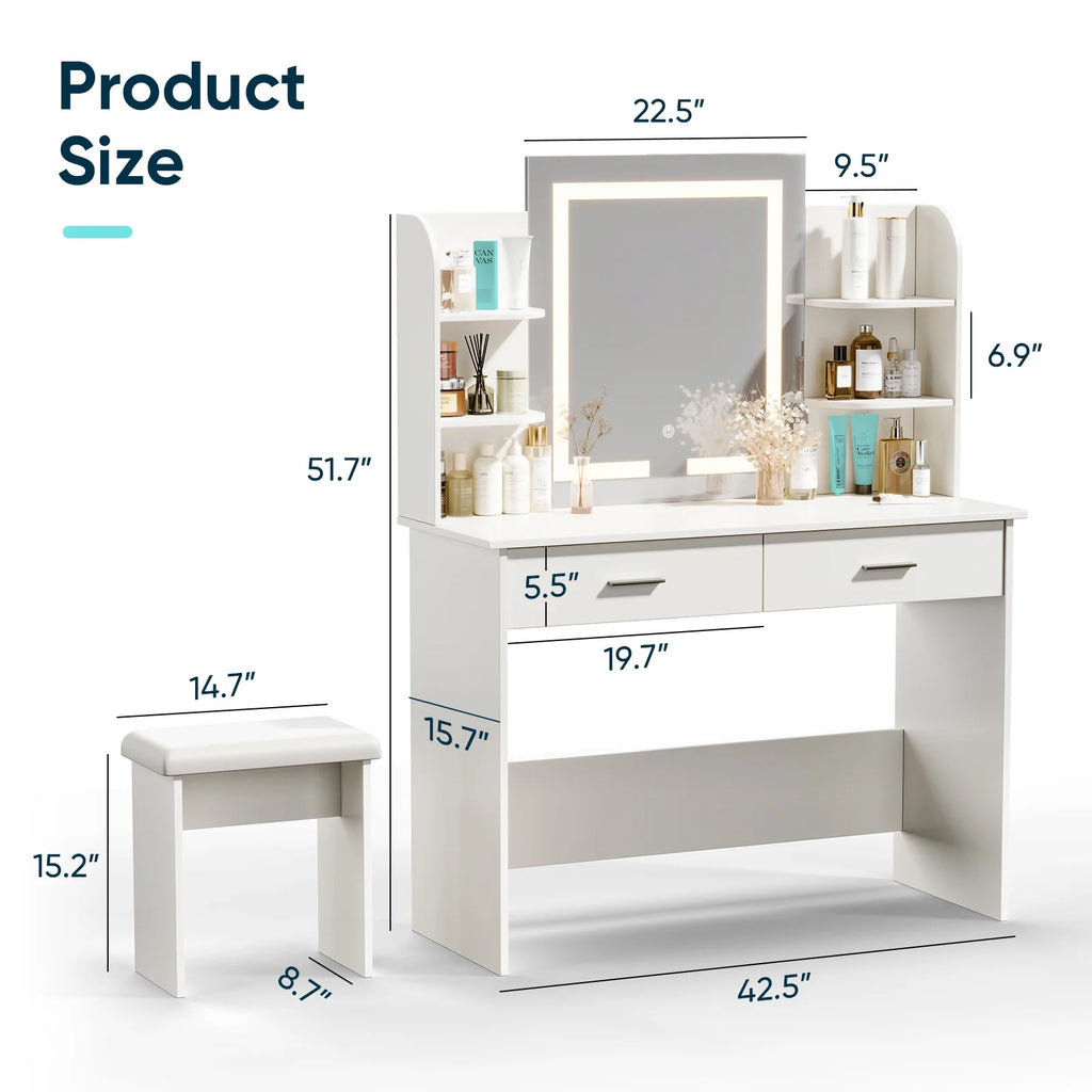Vanity Desk with Chair, White Makeup Desk Set with Mirror & LED Lights, Vanity Table with Power Strip, 2 Drawers, 4 Shelves