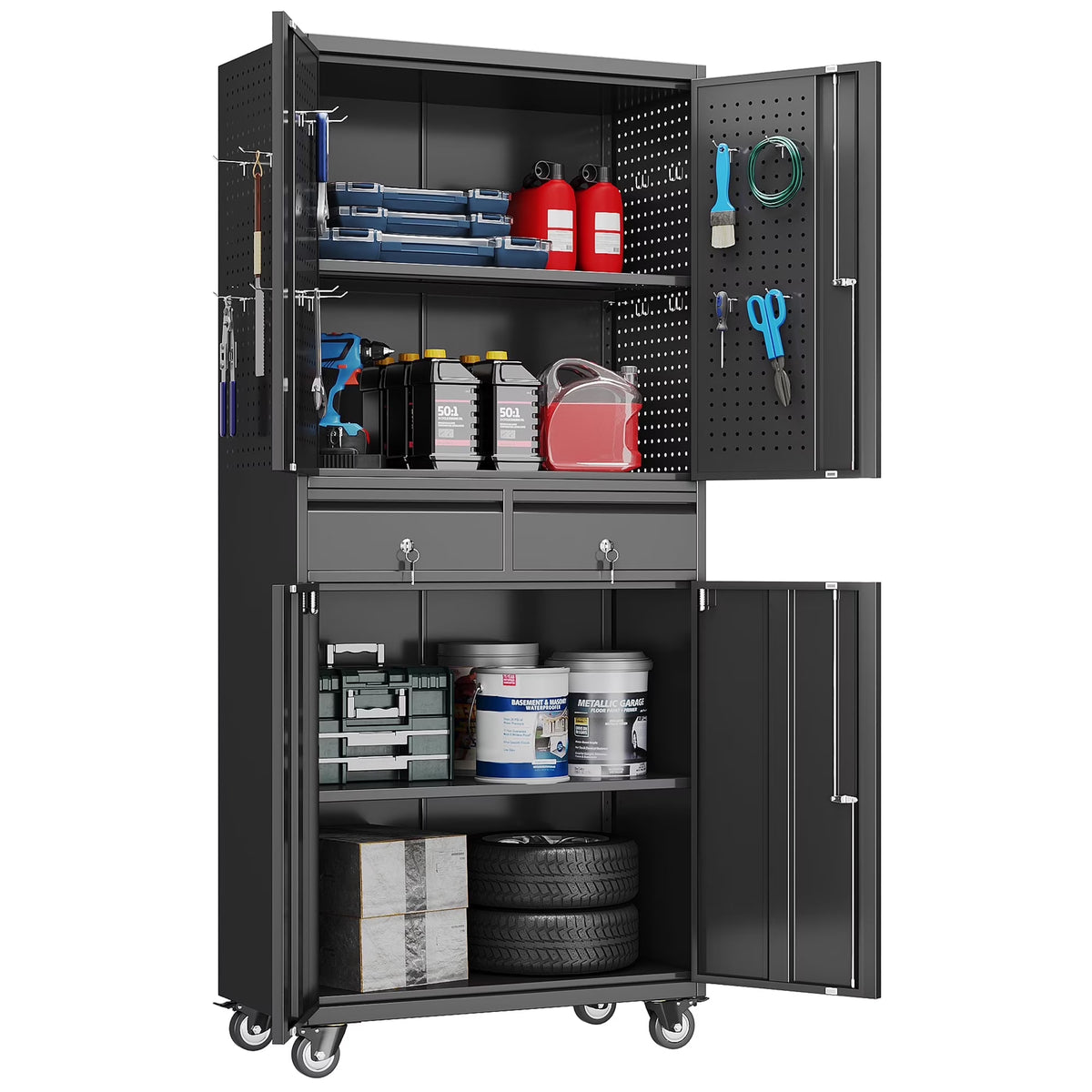 Aobabo Metal Storage Cabinet with Lock,Garage Storage Cabinet with Wheels,72In Steel Storage Cabinet for Garage Home Storage, Black Required-Assembly