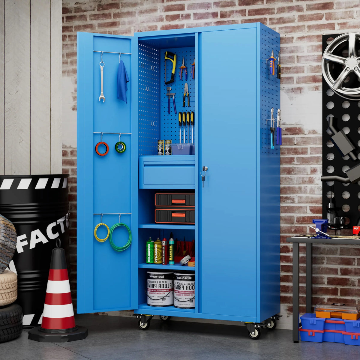 Aobabo Metal Storage Cabinet with Lock,Garage Storage Cabinet with Wheels,72In Steel Storage Cabinet for Garage Home Storage, Black Required-Assembly