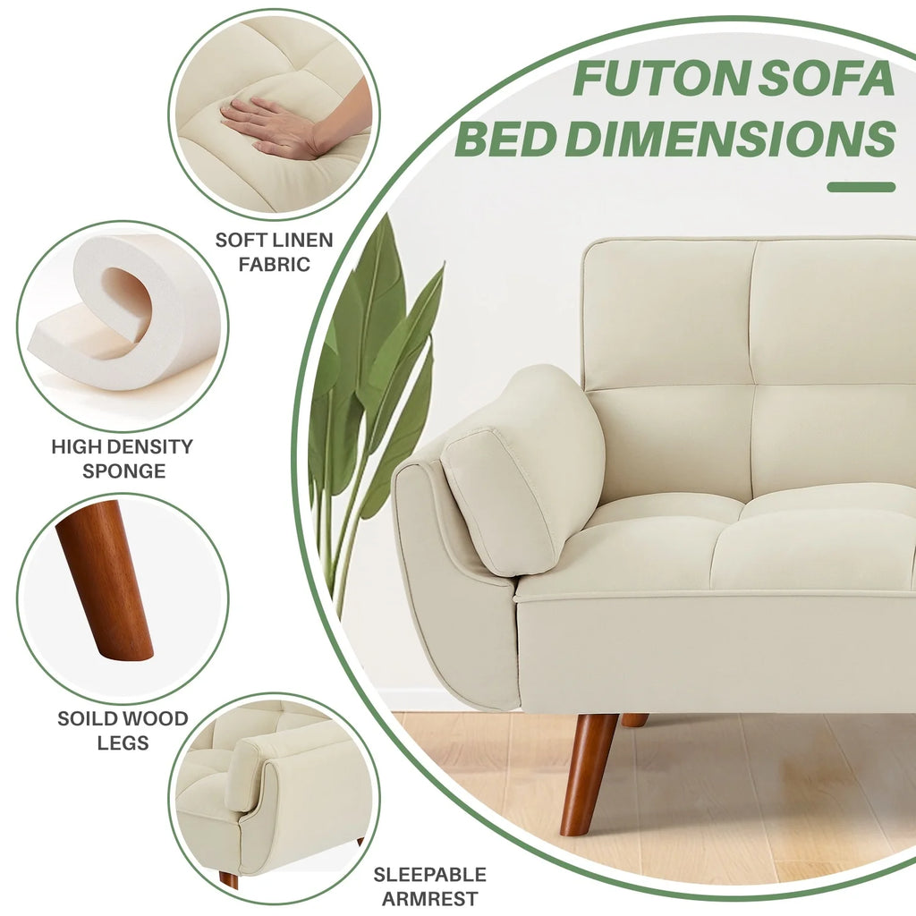 MILEMONT 75.39" Futon Sofa Bed, Convertible Folding Futon Couch Recliner Lounge For Living Room With 2 Pillow/Armrest Beige