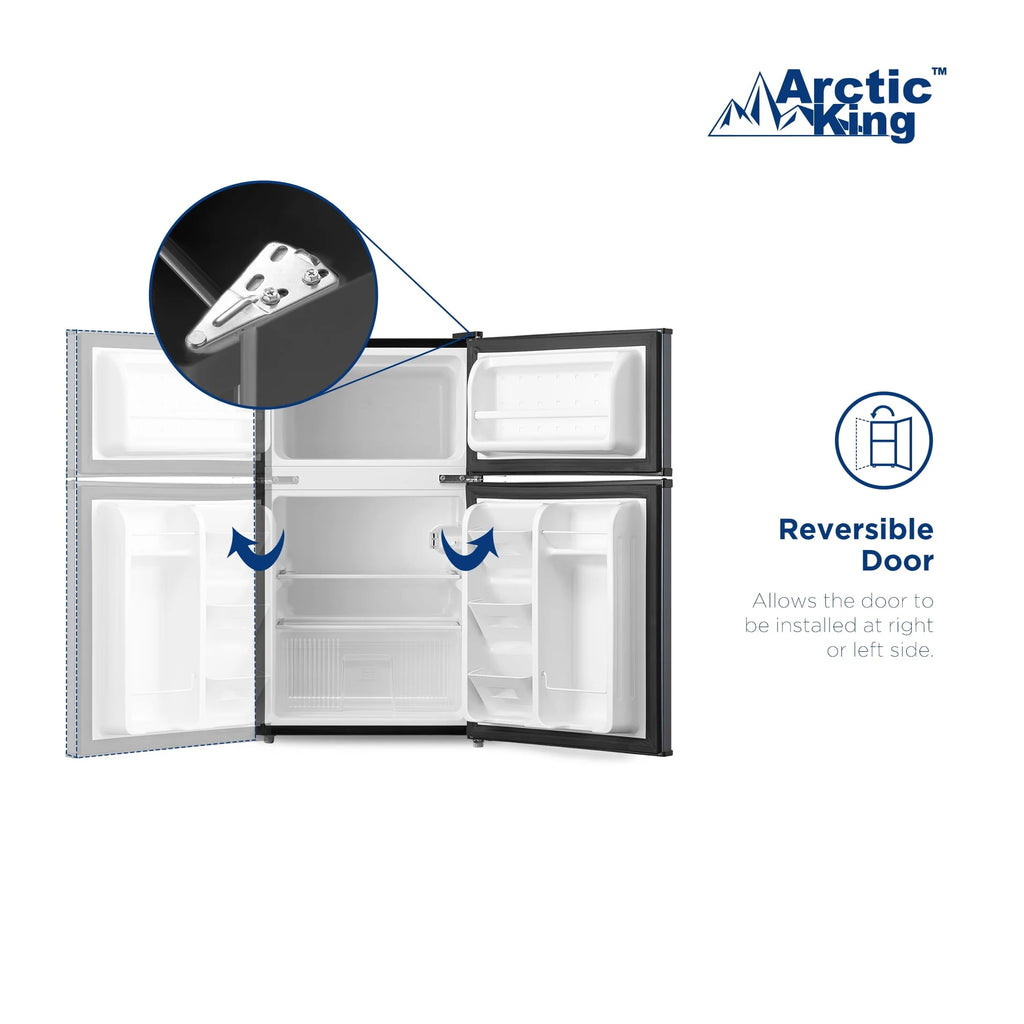 Arctic King 3.2 Cu ft Two Door Mini Fridge with Freezer, Stainless Steel, E-Star, ARM32D5ASL
