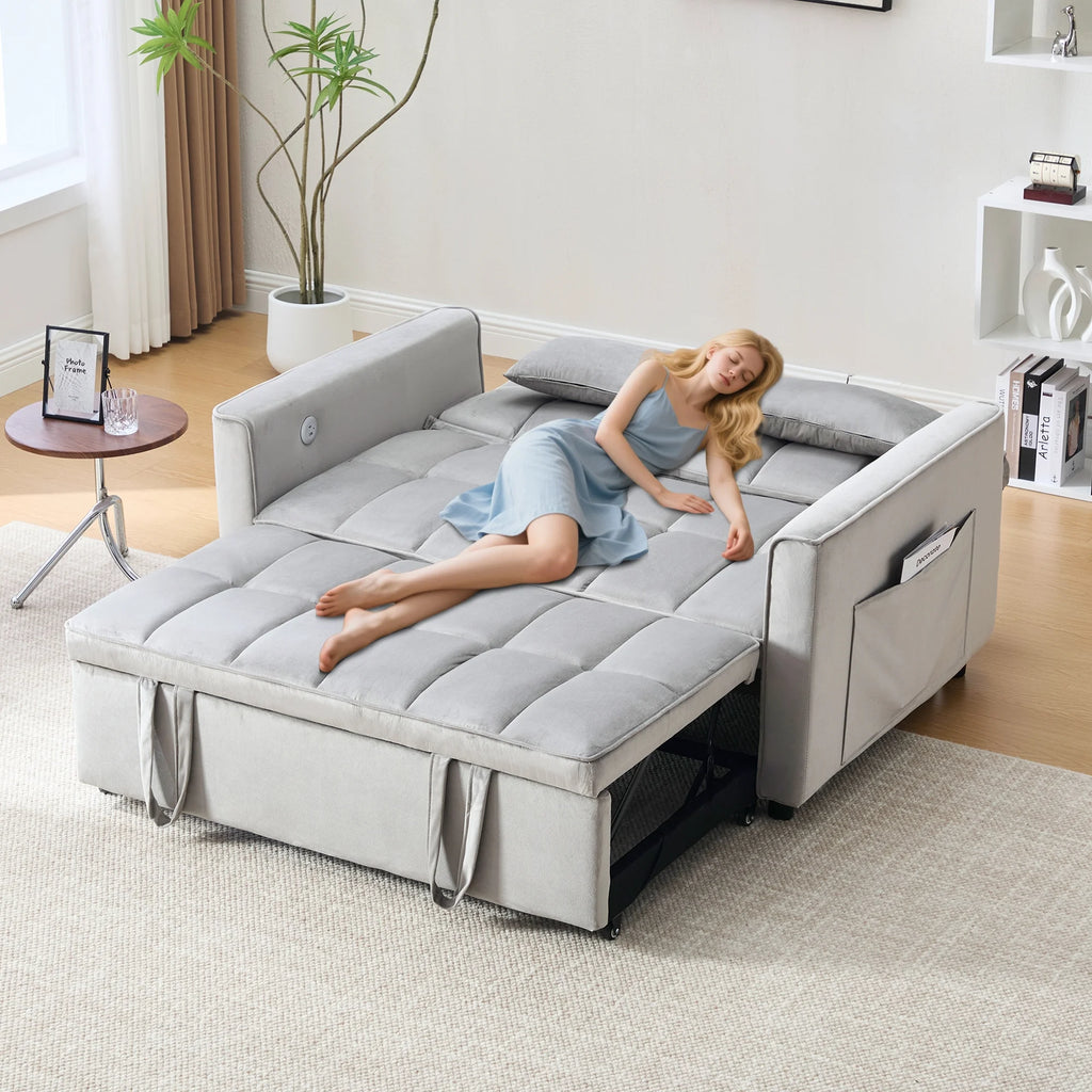 BINBANK Black Velvet 3-in-1 Convertible Sleeper Sofa Bed a?? USB Charging, Adjustable Backrest Pull-Out Futon Loveseat Couch for Living Room, Apartment & Small Space