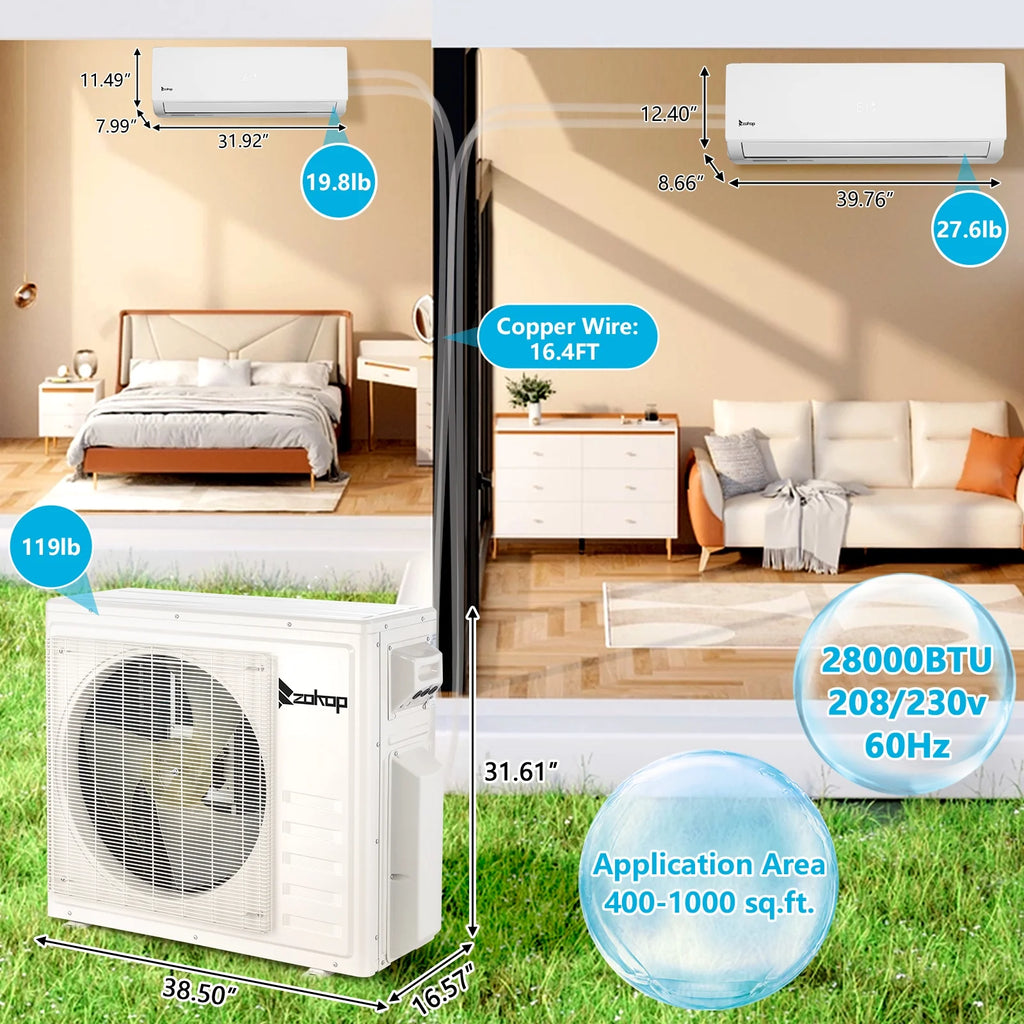 Ktaxon 2 Zone 9000 + 9000 BTU WIFI Mini Split AC/Heating System, 19 SEER2 Dual Zone 18000 BTU Ductless Split Air Conditioner with Pre-Charged Condenser, Heat Pump & 25Ft Installation Kit, 208-230V