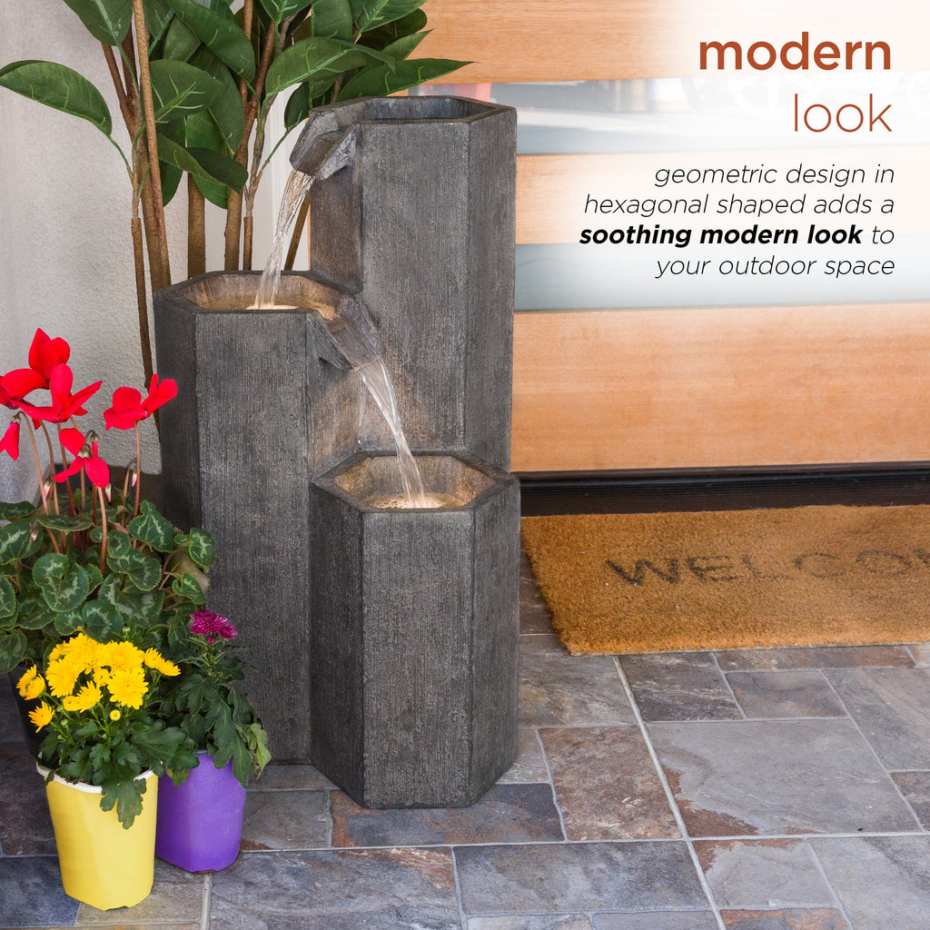 Alpine Corporation 25�� Tall Modern 3-Tier Fountain for Indoor / Outdoor Yard Decor with LED Light