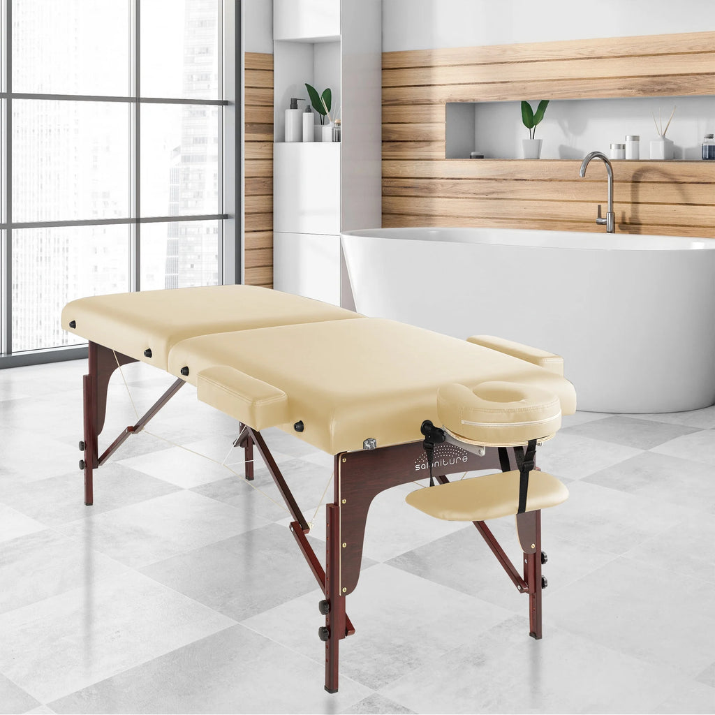 Saloniture Professional Portable Lightweight Bi-Fold Memory Foam Massage Table with Reiki Panels  - Includes Headrest, Face Cradle, Armrests and Carrying Case - Burgundy