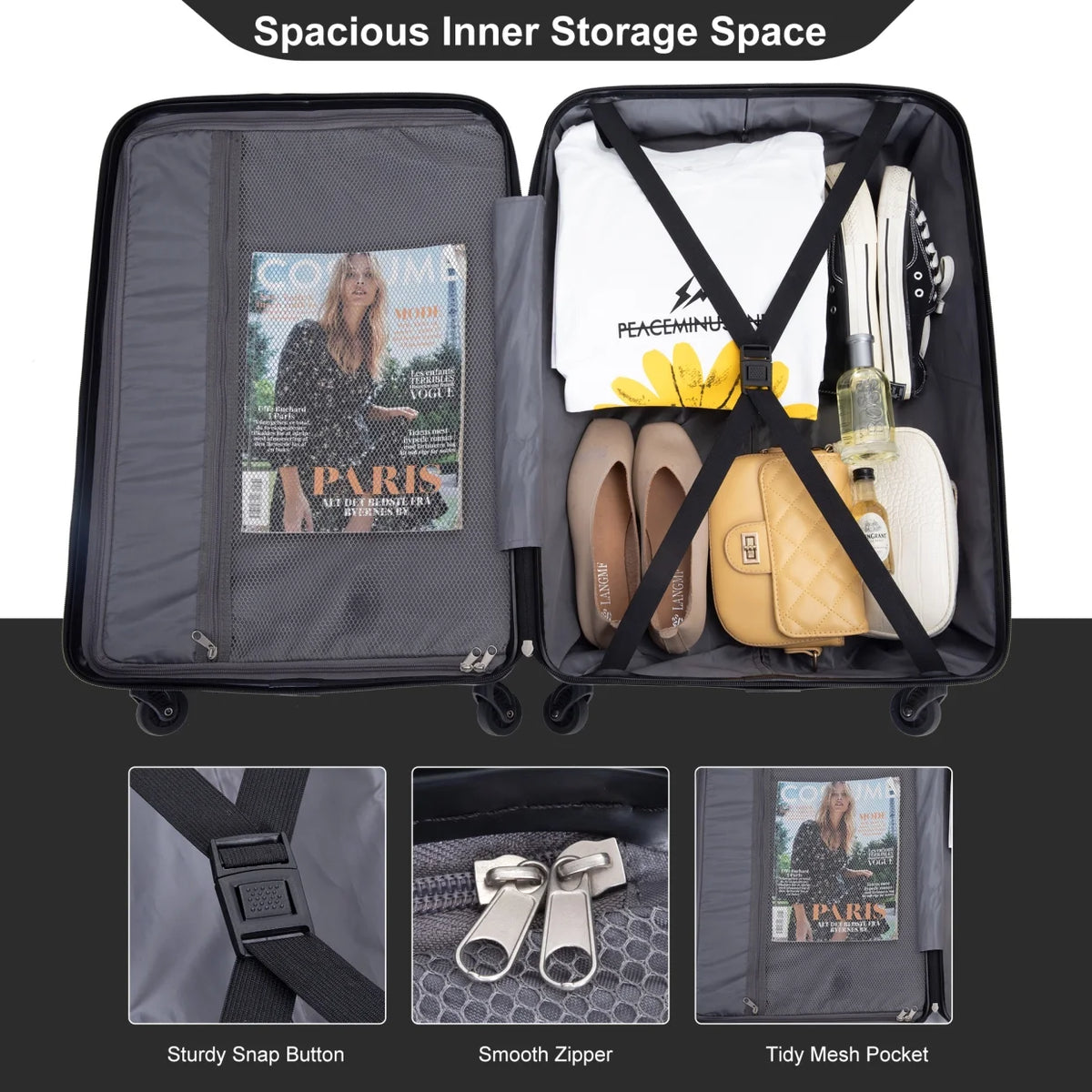 3 Piece Luggage Sets, PC Lightweight Durable Expandable Suitcase with 2 Hooks and TSA Lock, Suitcases with Wheels,21in 25in 29in,Gray