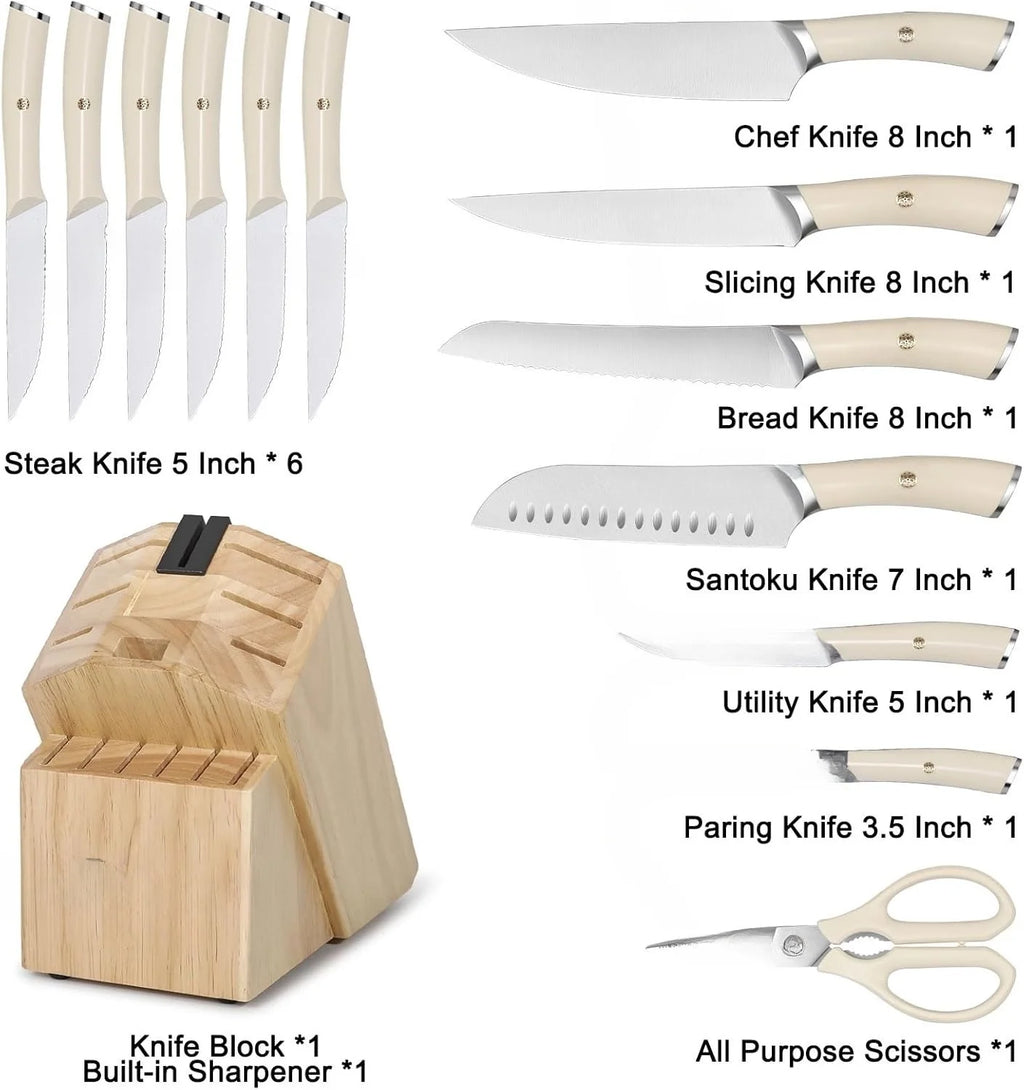 Ivory Knife Block Set (15-PCS) �C High Carbon Stainless Steel, Built-in Sharpener, Forged Chef Blades