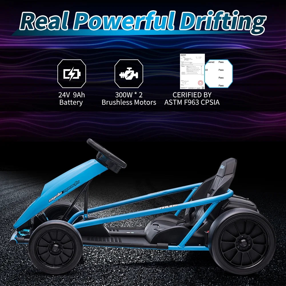 Geetinfly Go Kart for Kids,24V Battery 300WX2 Motors Pedal On Foot Go Cart,8MPH High Speed Drifting Car with Slow Start Function,Music,White