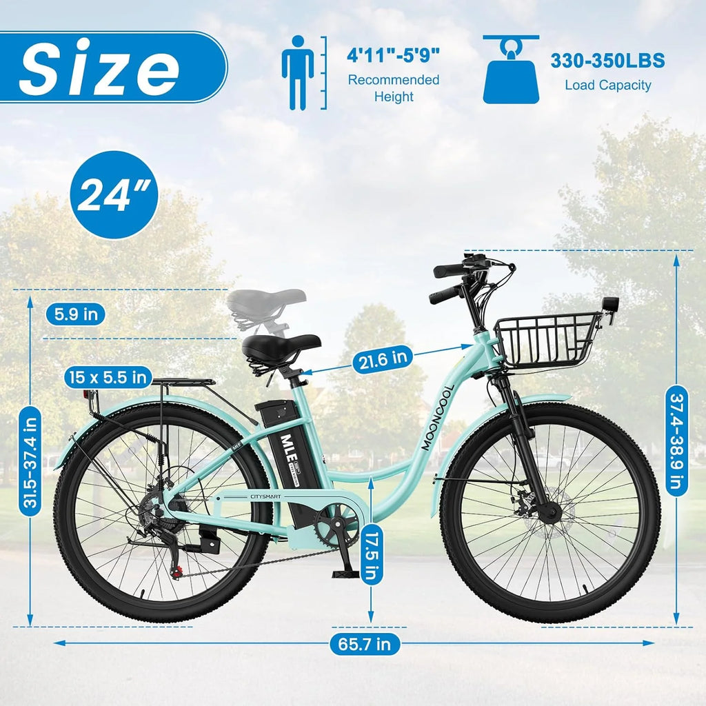 MOONCOOL Electric Bicycle for Adults 350W , 7-Speed Ebike with 36V 10.4Ah Removable Battery， 40 Miles Range , 20 mph Electric Commuter Bike for Women Men, Certified to UL 2849 by SGS