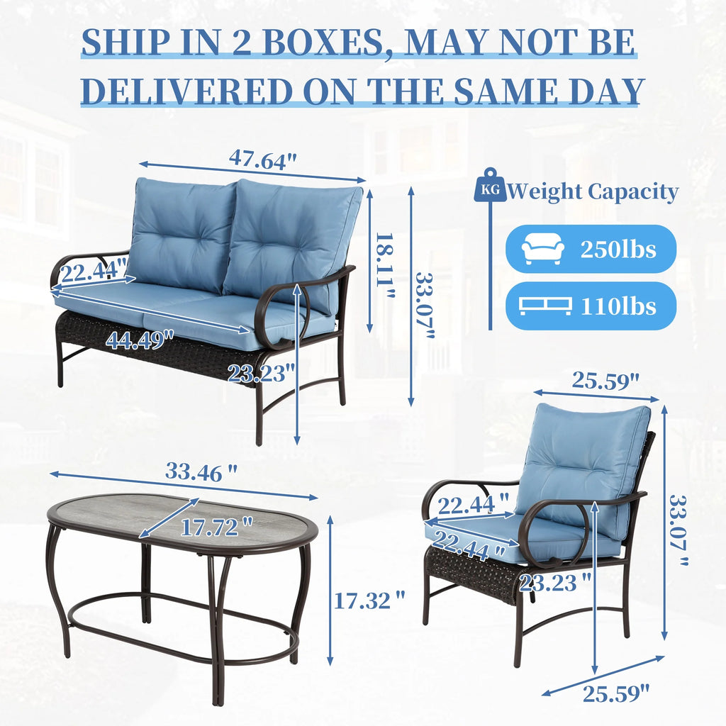 Patio Sofa Set, 4 Pieces Outdoor Sectional Furniture, All-Weather PE Rattan Wicker Patio Conversation Set, Cushioned Sofa Set with Coffee Table for Patio Garden Poolside Deck
