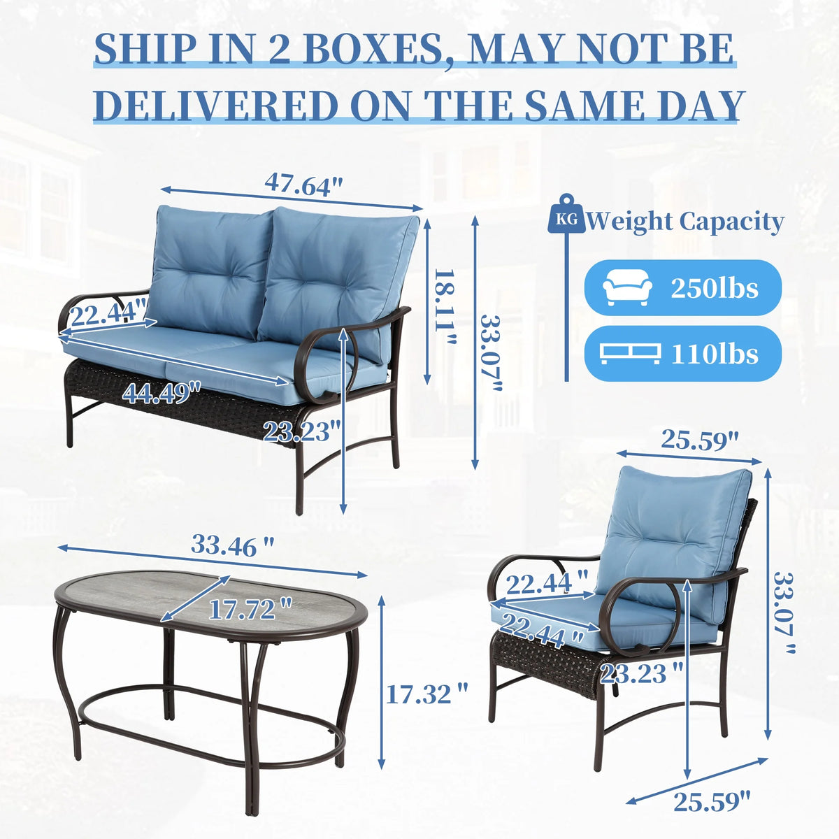 Patio Sofa Set, 4 Pieces Outdoor Sectional Furniture, All-Weather PE Rattan Wicker Patio Conversation Set, Cushioned Sofa Set with Coffee Table for Patio Garden Poolside Deck