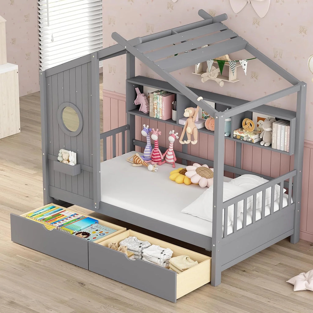 Bellemave House Bed with 2 Drawers and Storage Shelves, Wood Full Size Montessori Bed Frame with Roof and Window, Playhouse Bed for Bedroom (White)