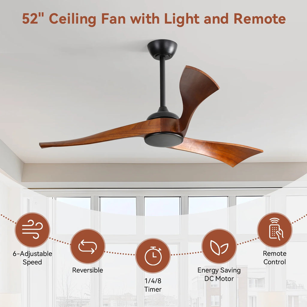 Sofucor 52" Wood Ceiling Fan No Light, 6 Wind Speeds, 3 Blades with Reverse Airflow, Black
