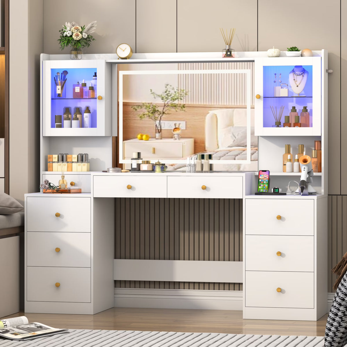 ChVans 62'' Large Vanity Desk with Tempered Glass Top, 60000-color LED Lights, Charging Station, White Makeup Vanity with 3 Lights Mode LED Mirror, 9 Drawers, 2 RGB cabinets for Women, Girls Gift