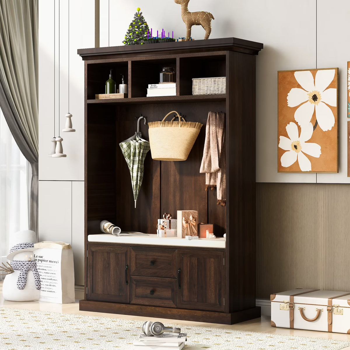Triple Tree 3-in-1 Modern Wooden Tiger Entryway Bench Storage Cabinet Hall Tree