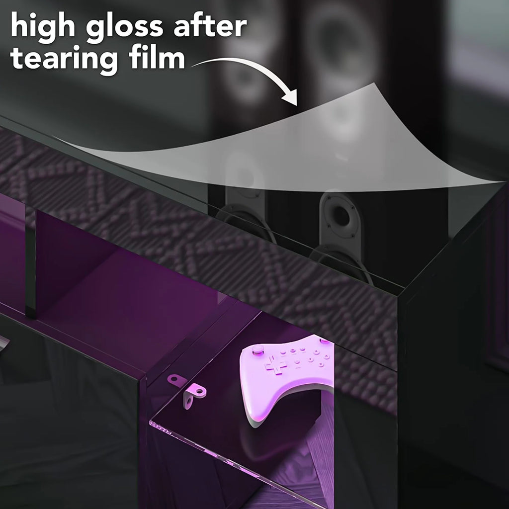 UHOMEPRO TV Stand for TV up to 70", Living Room Entertainment Center with RGB LED Lights and Storage Shelves Furniture, White High Gloss TV Cabinet Console Table