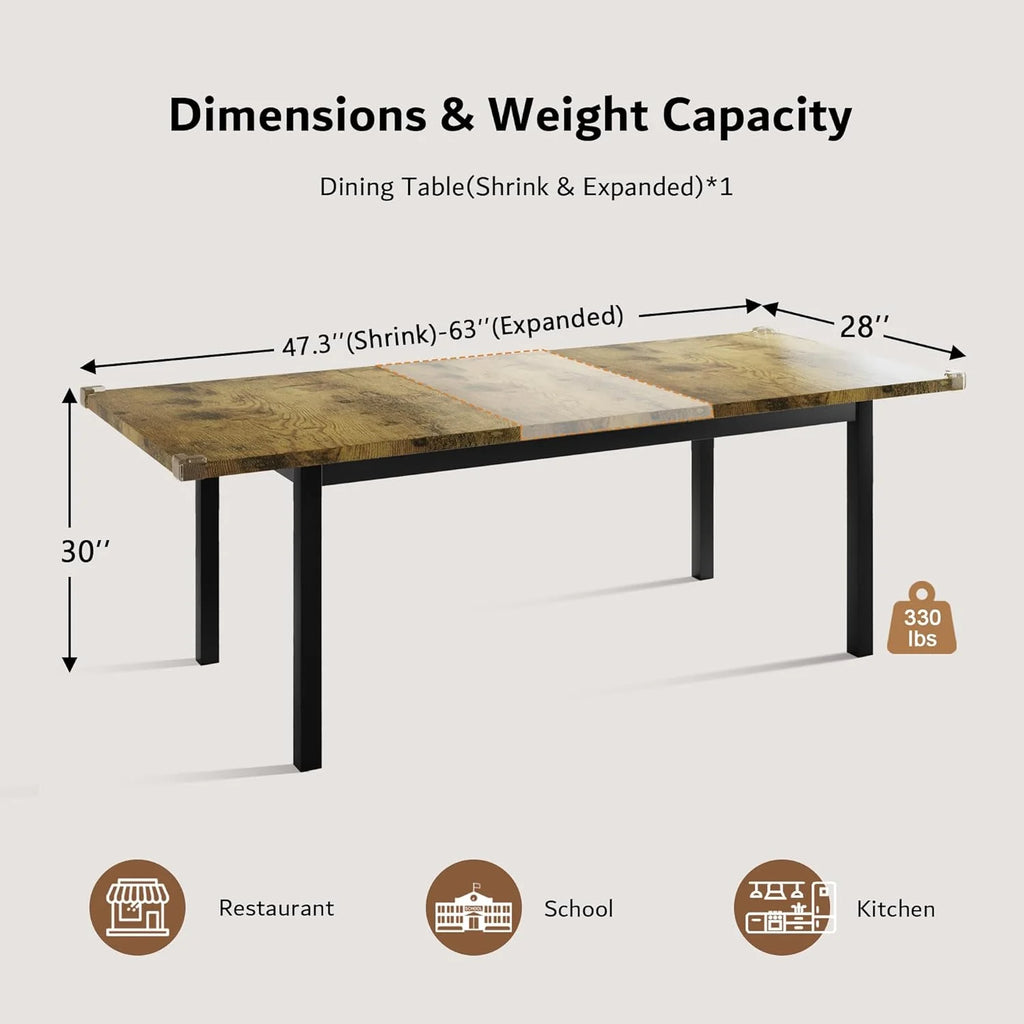 iPormis 63" Extendable Dining Table for 4-8, Square Wooden Dining Room Table with Metal Base, Modern Extendable Table for  Small Kitchens, Dining Office Areas, Black