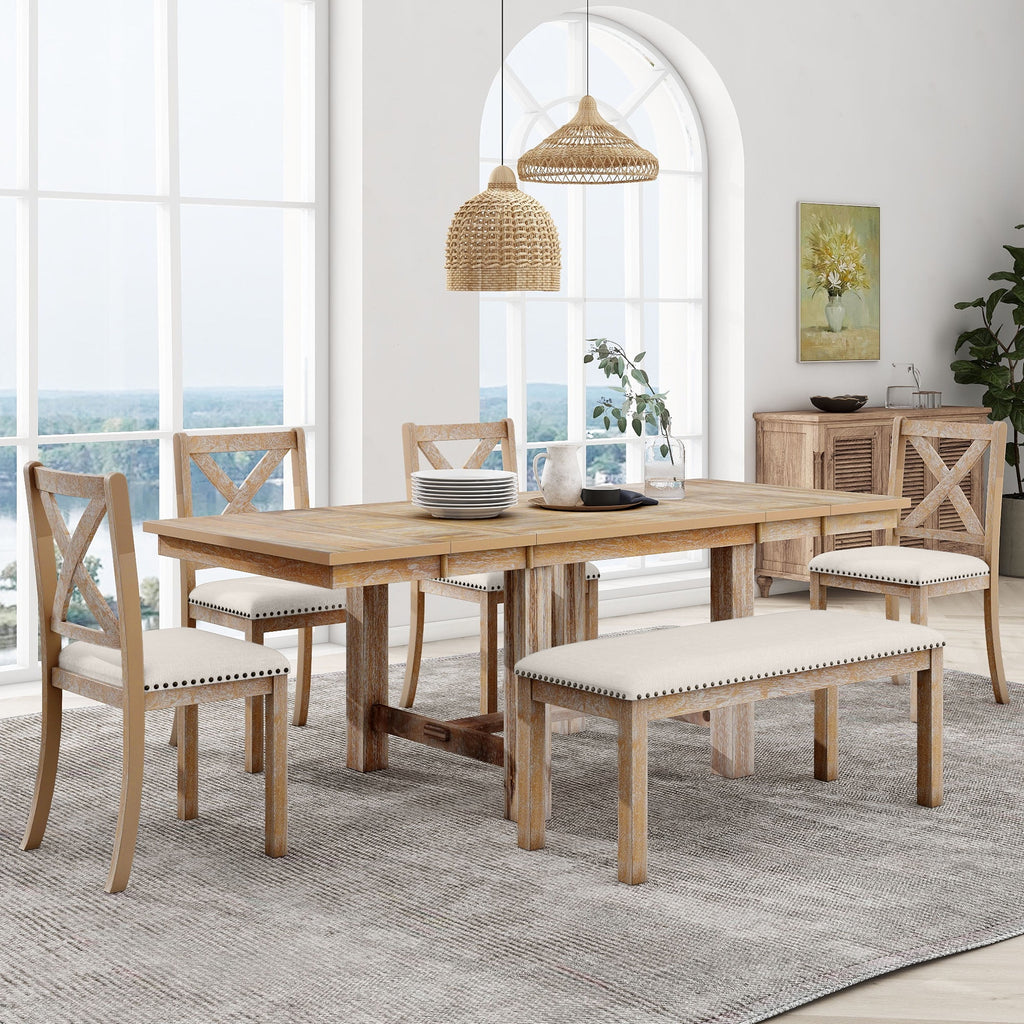 6 Piece Extendable Dining Table Set, Atumon Wood Dining Room Set for 6, Dining Table Set with 4 Beige Cushioned Chairs and Bench, Farmhouse Dining Table Set Furniture for Kitchen Dining Room, Natural