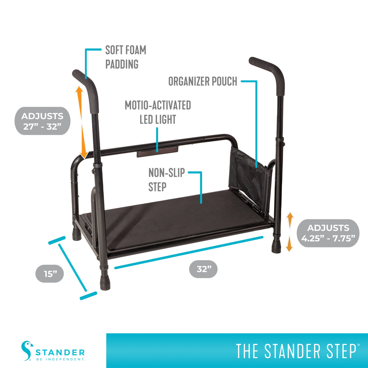 Stander Step Stool, Bed Step with Adjustable Hand Rails for Seniors and Elderly Adults, Extra Wide Heavy Duty Step Ladder, Stepping Stool with Grab Bars and Motion Activated Light, White