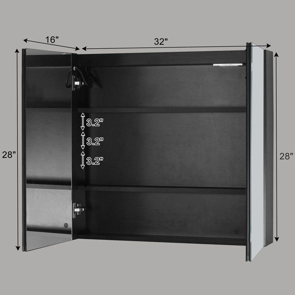 Ktaxon LED Lighted Medicine Cabinet with Mirror Bathroom Wall Cabinet w/ Defogger, Dimmable, Memory function, Outlets & USB, 32"x28", Black
