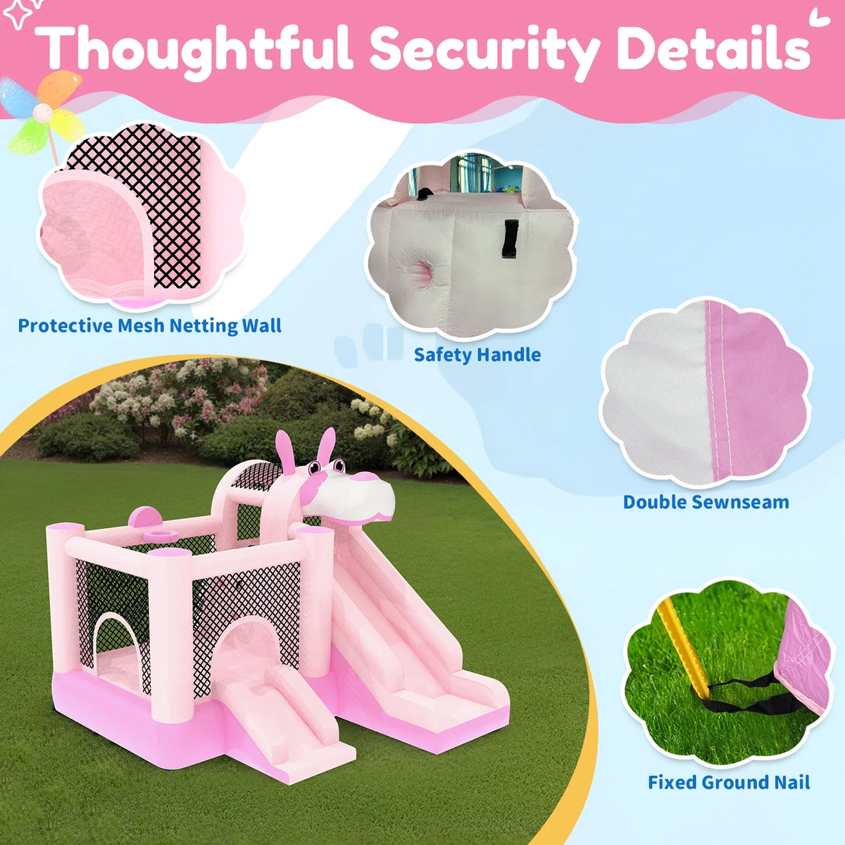Mukidy 114''x 114'' x 92.5'' Inflatable Bounce Houses for Kids 3-10 with Blower Double Slide and Ball Pit/Indoor Bouncy House, PVC, Child, Teen, Toddler，Blue