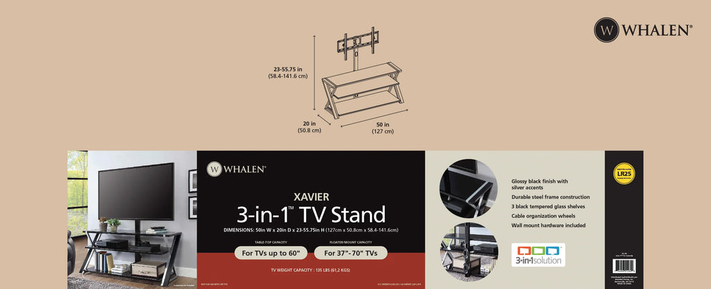 Whalen Xavier 3-in-1 Television Stand for TVs up to 70", Black