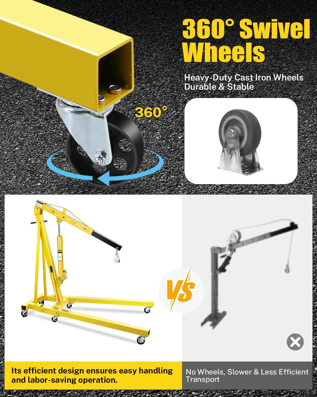 Garvee 2-Ton Shop Crane with Lever, Hydraulic Folding Engine Hoist w/6 Steel Casters - Lift Car Transmissions, Boat Motors, Farm Equipment