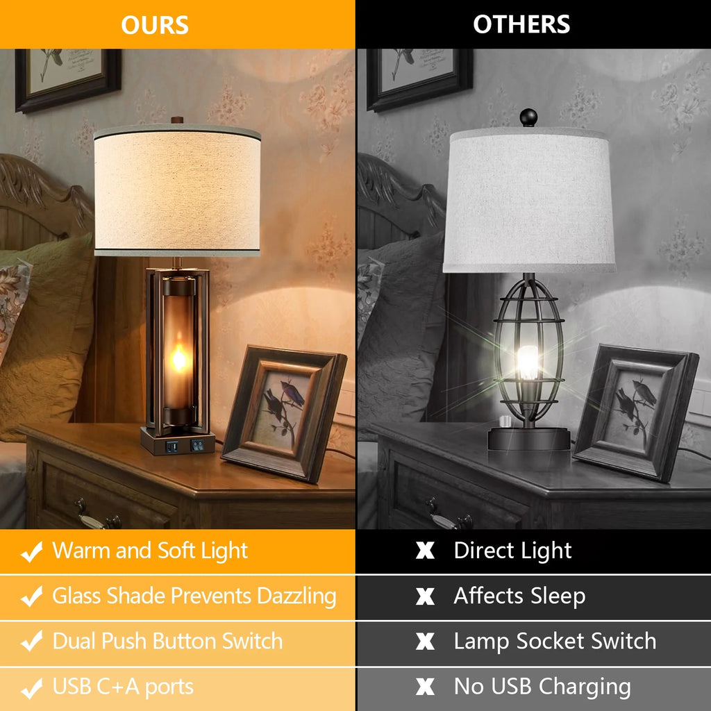 RORIA 24a?? Modern Living Room Table Lamp 2-Piece Set with 2 USB Charging Ports, Built-in White Frosted Glass with Night Light, Black Vintage Rustic Farmhouse Lamp for Bedroom Nightstand Lamps