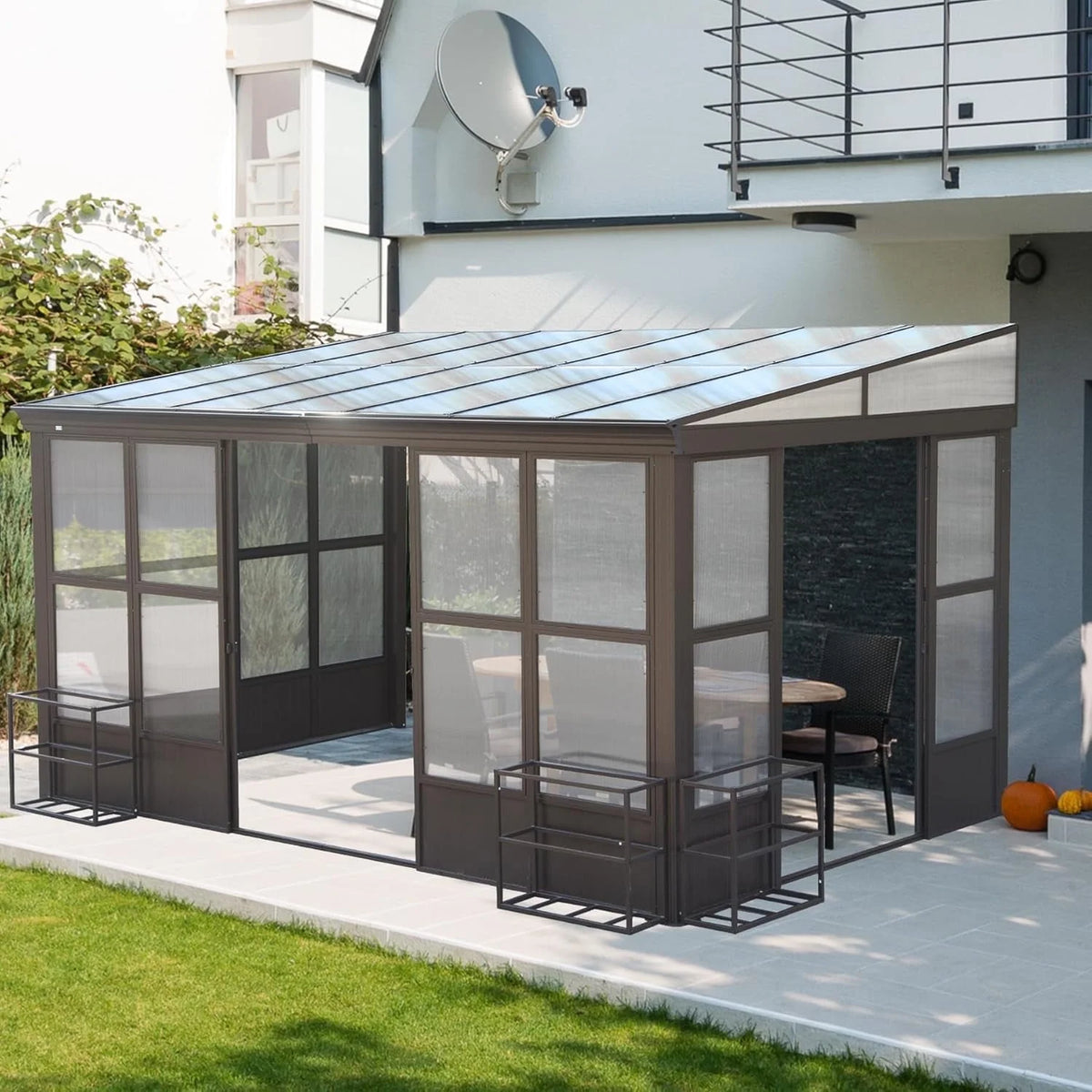 TOTAL Outdoor 10'x12' All-Season Sunroom Gazebo with Steel Roof, PVC Screen, Front & Side Door, Brown