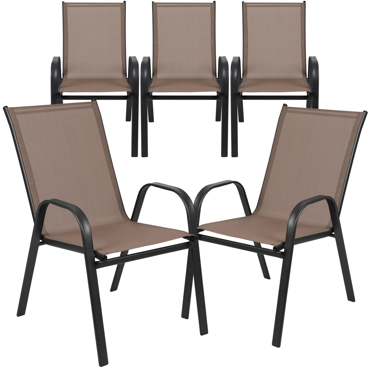 BizChair 5 Pack Black Outdoor Stack Chair with Flex Comfort Material and Metal Frame