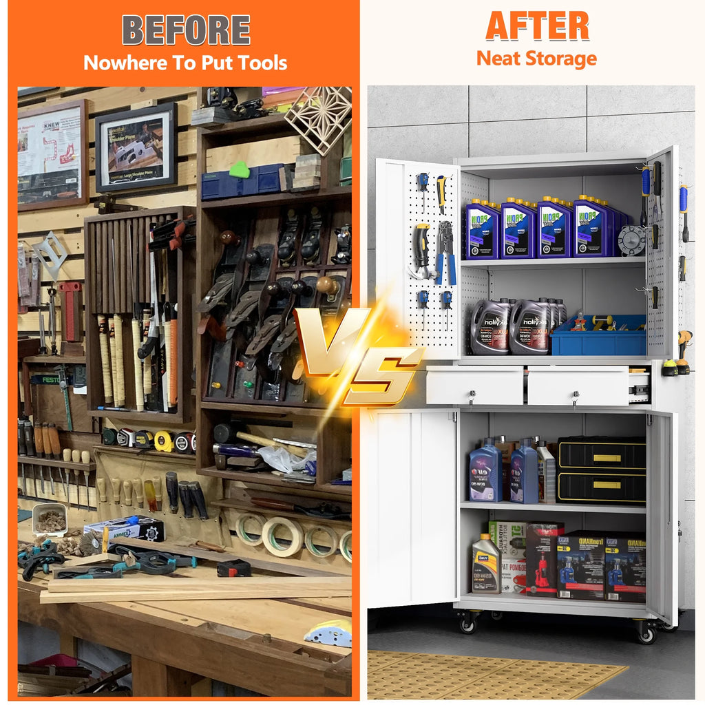 SUPEER 71" Metal Storage Cabinets with Wheels and Pegboards, Industrial Cabinet with 2 Drawers and 2 Adjustable Shelves,, Assembly Required